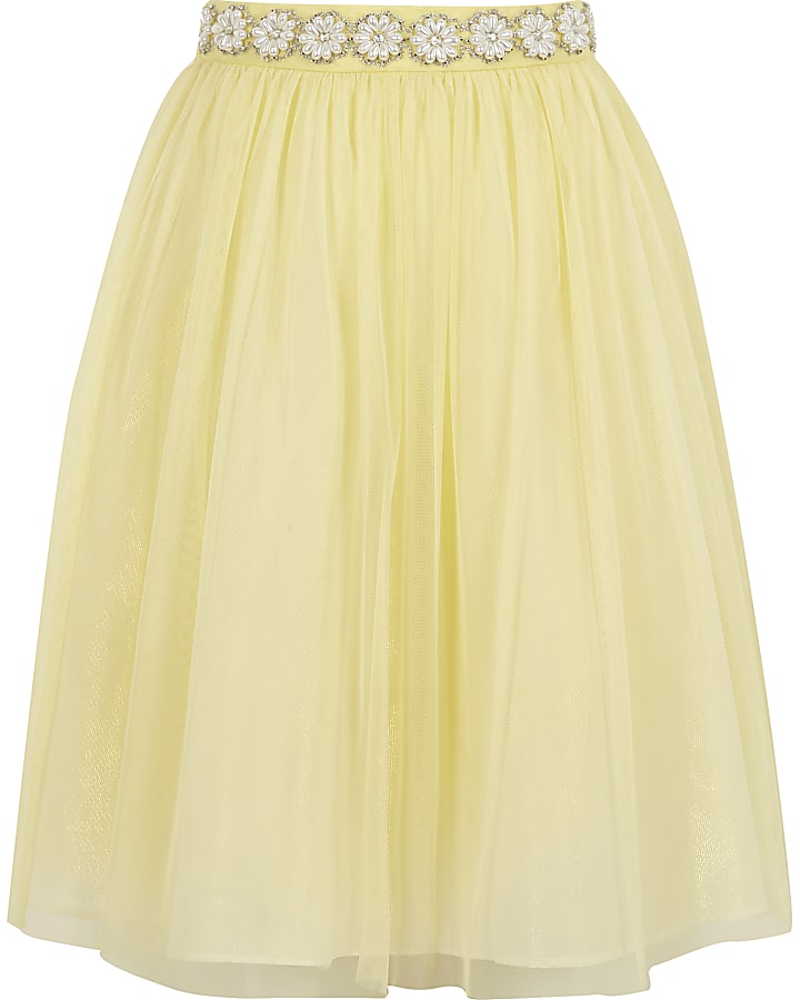 Girls yellow pearl trim mesh ballerina skirt