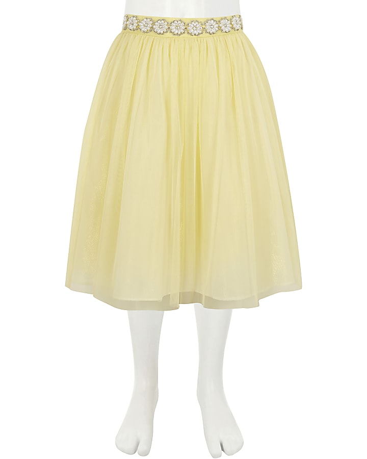 Girls yellow pearl trim mesh ballerina skirt