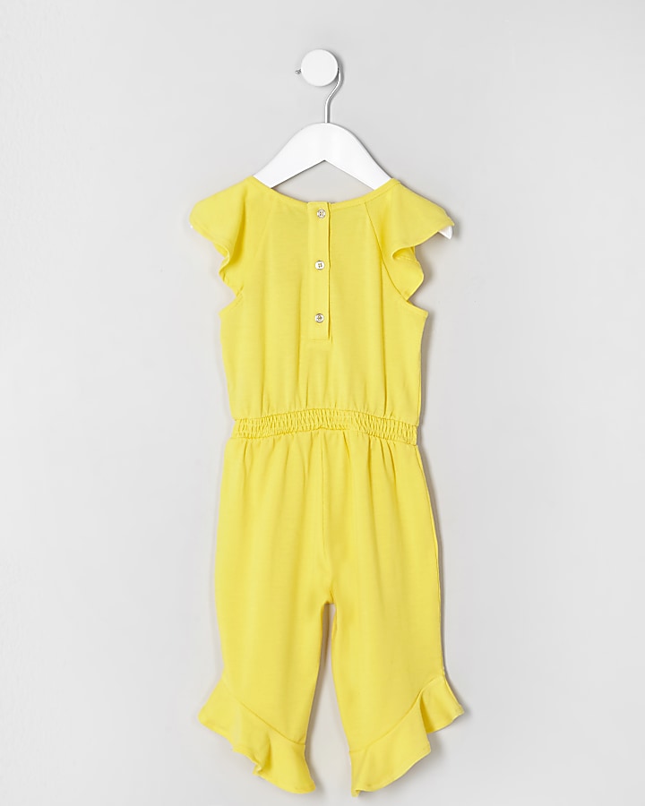 Mini girls yellow shirred frill hem jumpsuit
