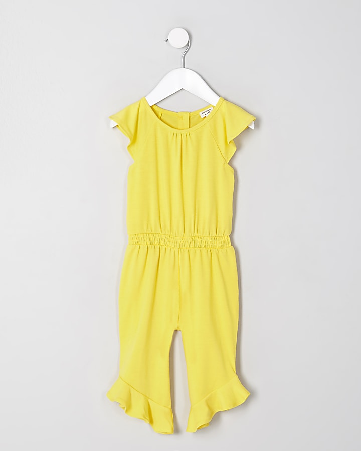 Mini girls yellow shirred frill hem jumpsuit