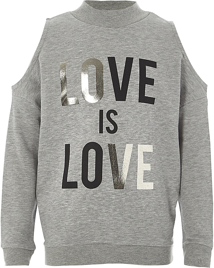 Girls grey ‘love’ cold shoulder sweatshirt