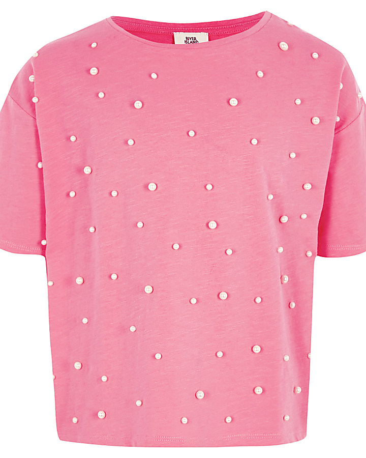 Girls pink faux pearl embellished T-shirt