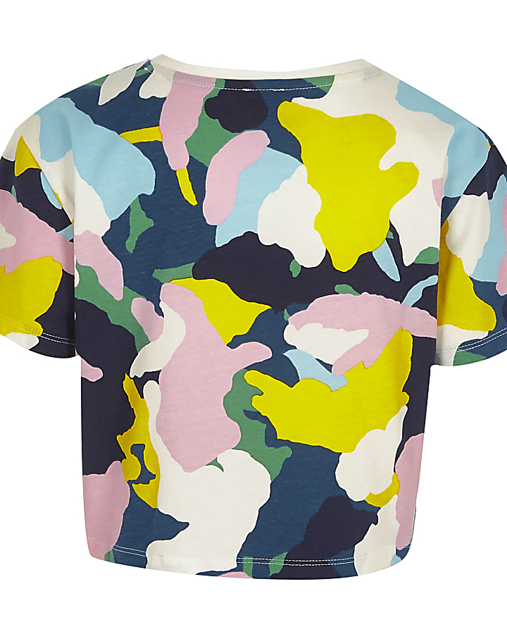 Girls navy multicolour camo cropped T-shirt