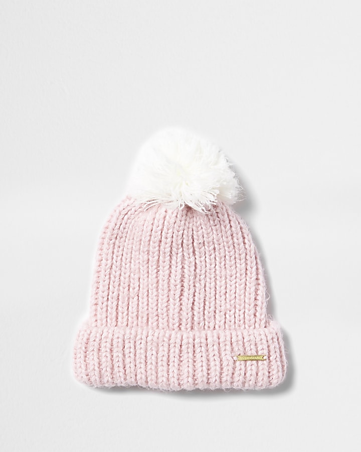Girls pink bobble knit beanie hat