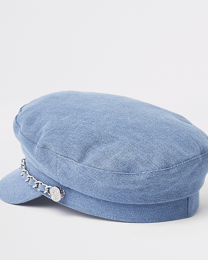 Girls blue denim chain trim baker boy hat