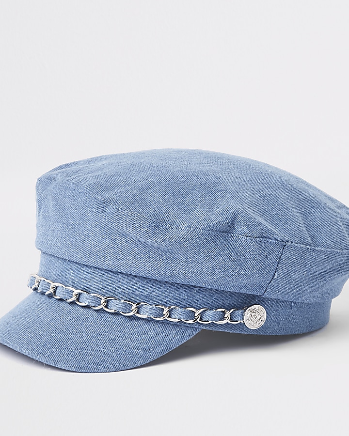 Girls blue denim chain trim baker boy hat