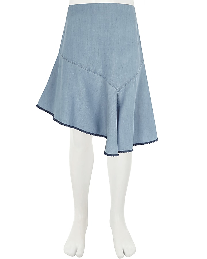 Girls light blue asymmetric denim skirt