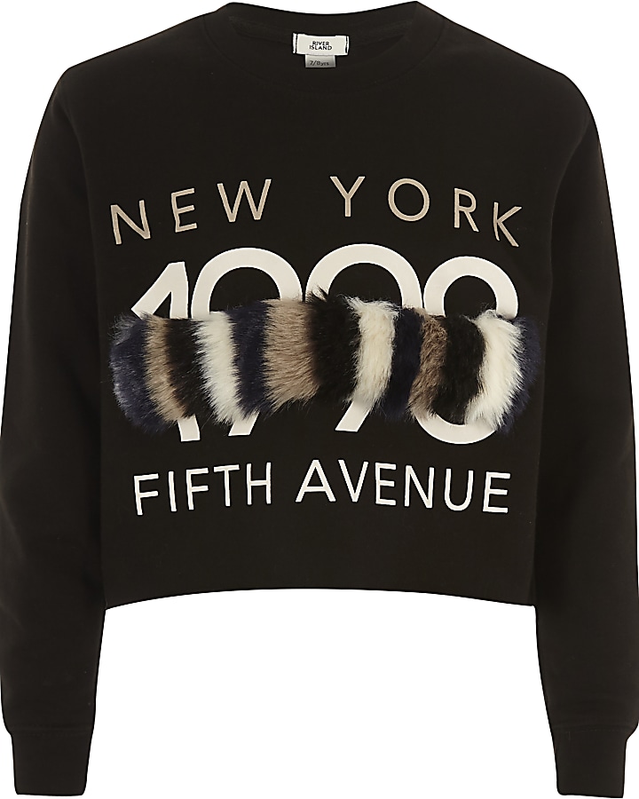 Girls Black '1990' faux fur panel sweatshirt