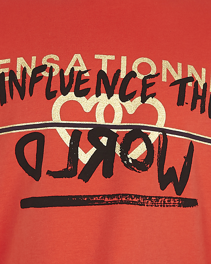 Girls red ‘influence’ print cropped T-shirt