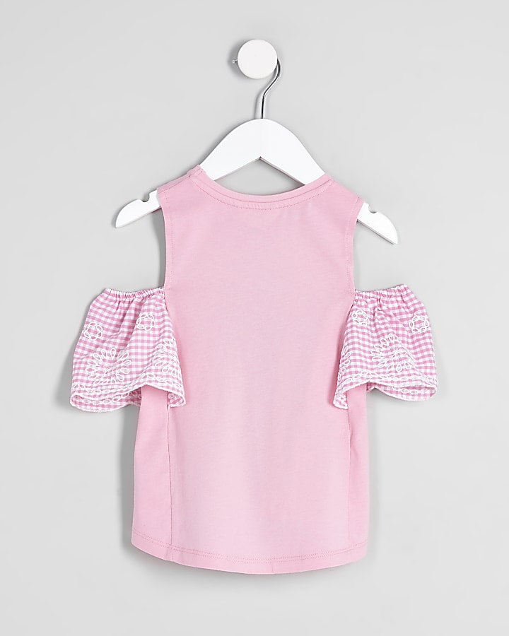 Mini girls pink gingham cold shoulder top