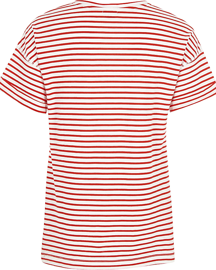 Girls red stripe ‘merci’ print T-shirt