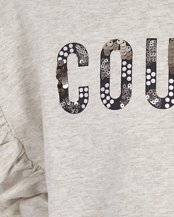 Girls cream marl ‘couture’ frill T-shirt