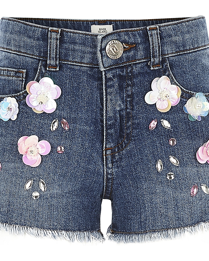 Girls flower embellished denim shorts