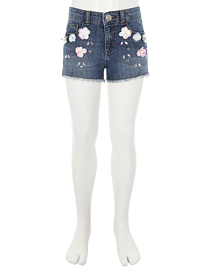 Girls flower embellished denim shorts