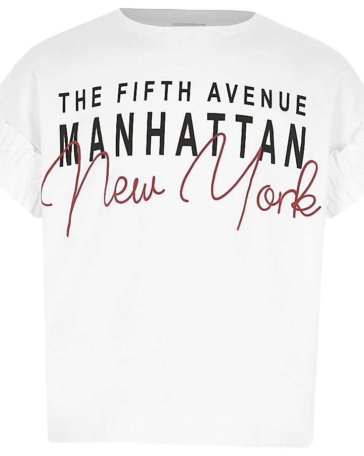 Girls white ‘New York’ frill sleeve T-shirt
