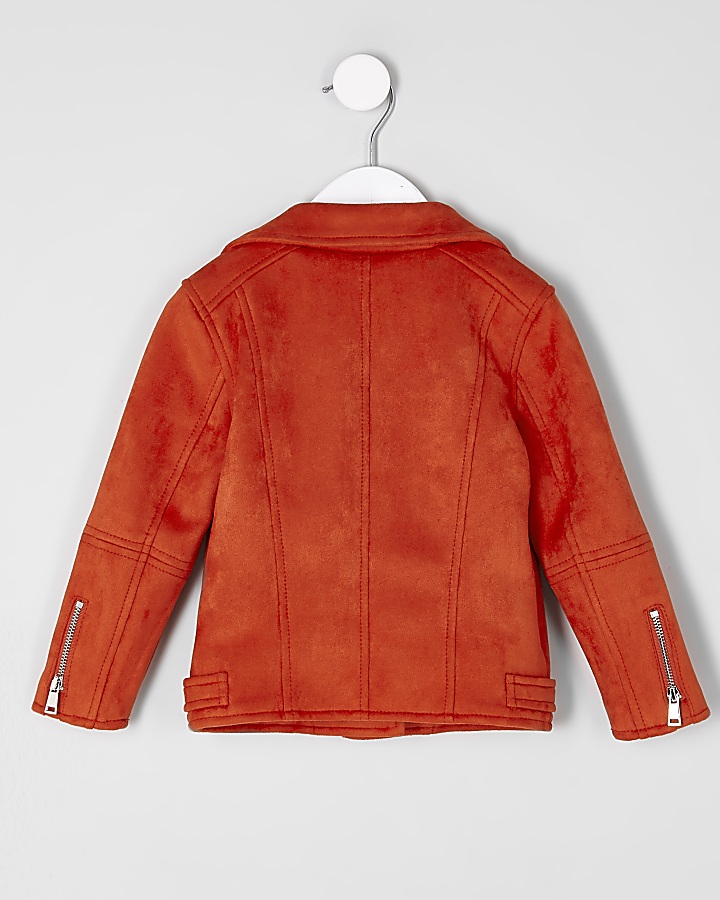 Mini girls red faux suede biker jacket