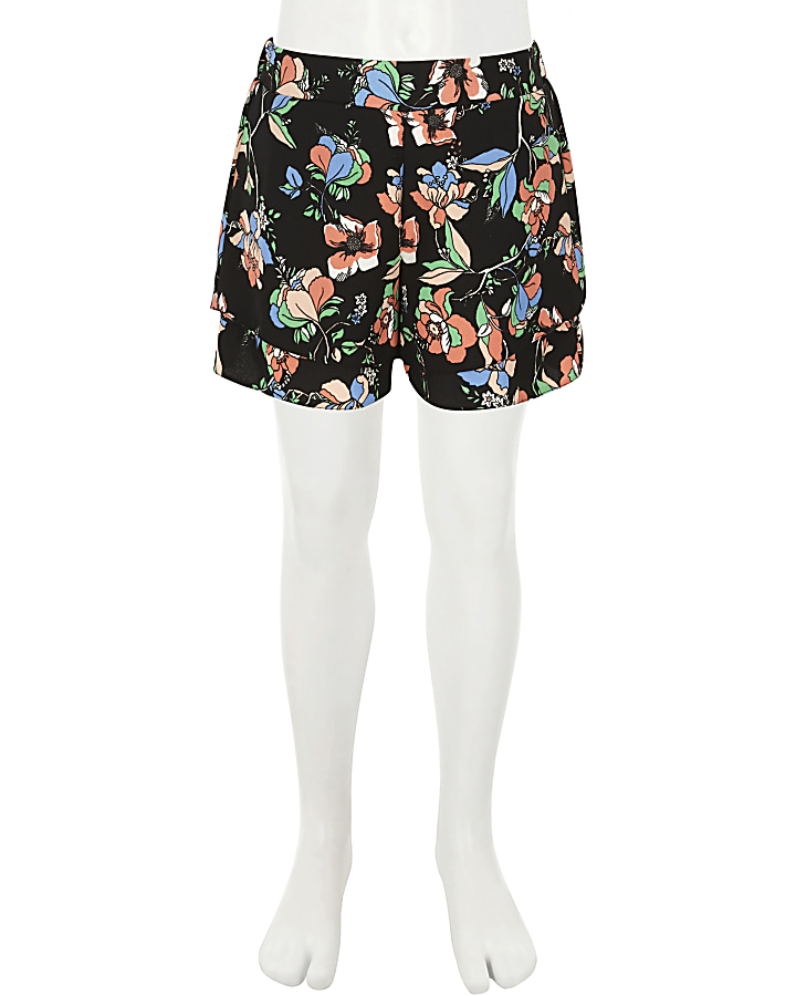 Girls black floral double layer shorts