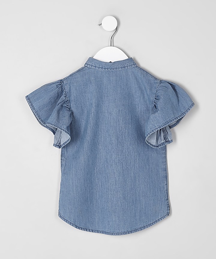 Mini girls blue denim frill sleeve shirt
