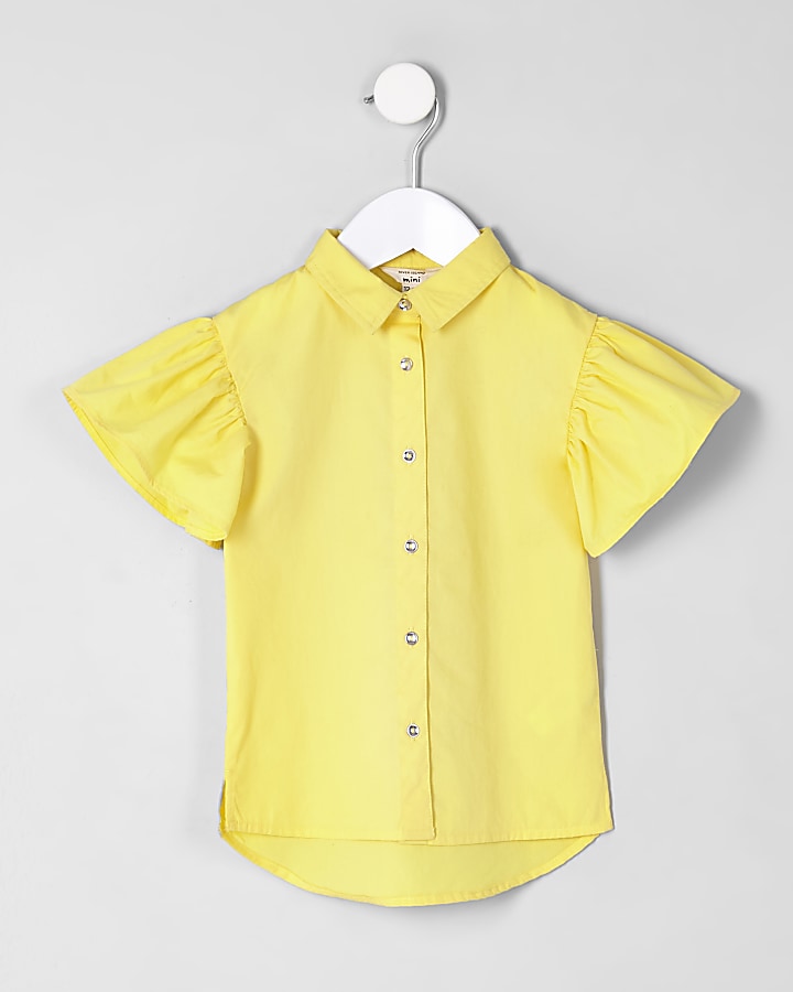Mini girls yellow stripe frill sleeve shirt