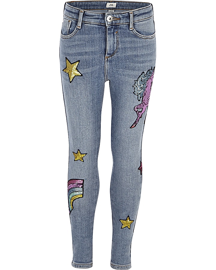 Girls blue Amelie unicorn embroidered jeans