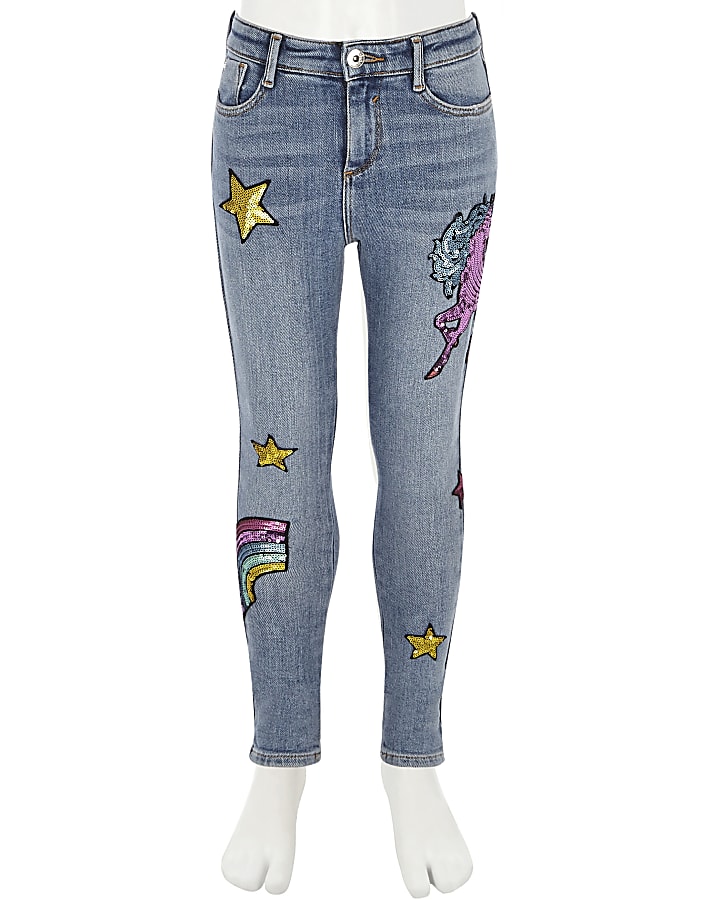 Girls blue Amelie unicorn embroidered jeans
