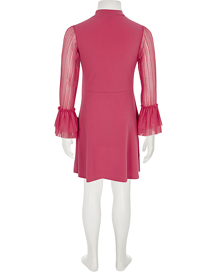 Girls pink pleated mesh sleeve skater dress