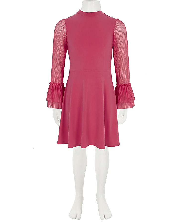 Girls pink pleated mesh sleeve skater dress
