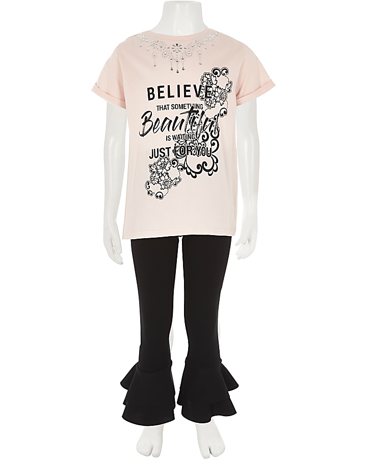 Girls pink ‘believe’ necklace T-shirt outfit