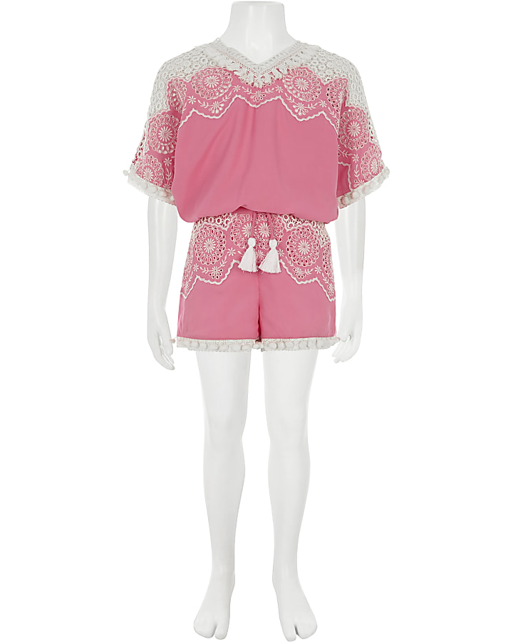 Girls pink embroidery top and shorts outfit