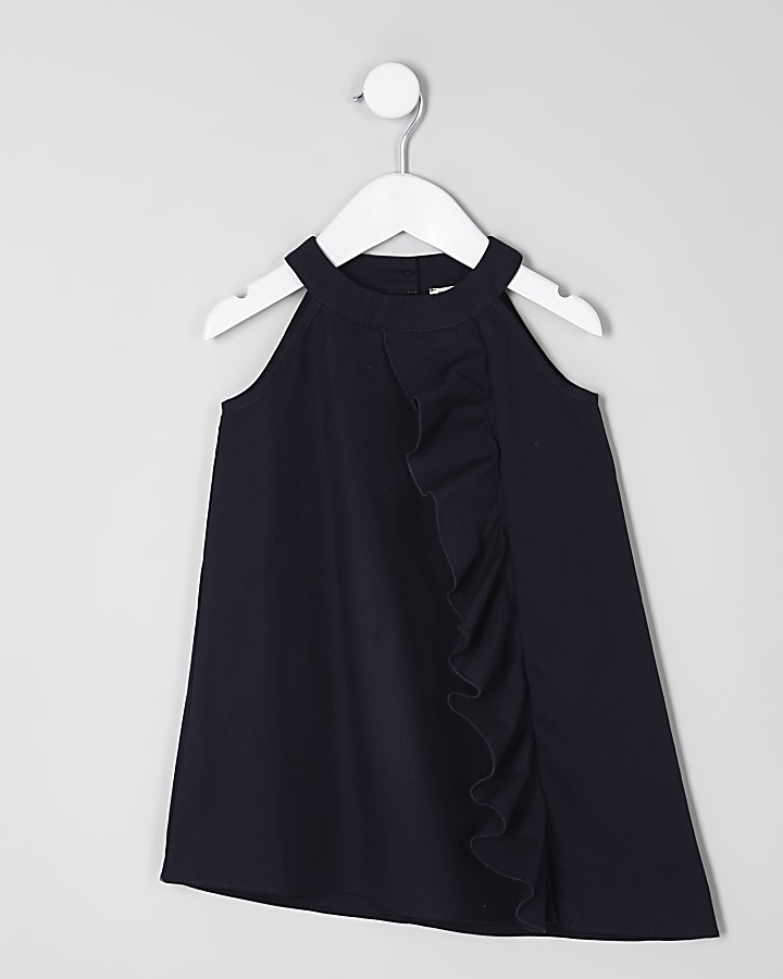Mini girls navy frill front sleeveless dress