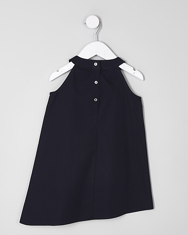 Mini girls navy frill front sleeveless dress
