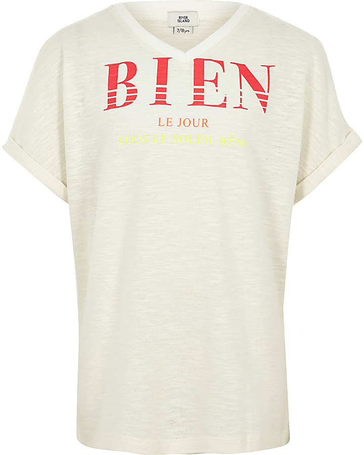 Girls cream slub ‘bien’ T-shirt