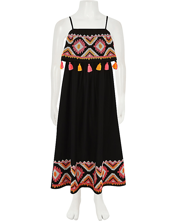 Girls black embroidered tassel maxi dress