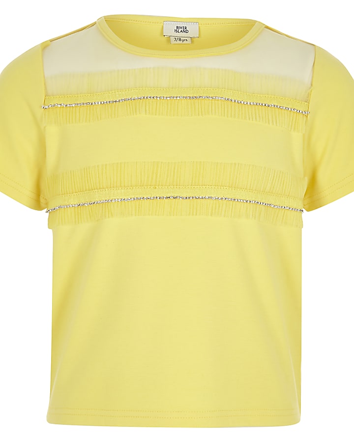 Girls yellow diamante mesh trim T-shirt