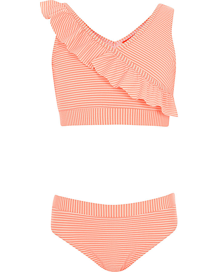 Girls coral stripe frill bikini set