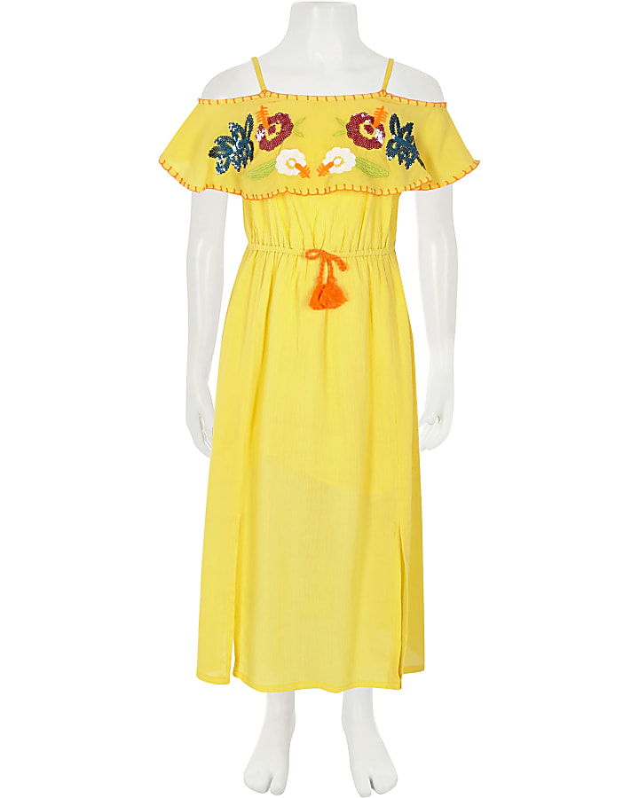 Girls yellow sequin embellished maxi dress