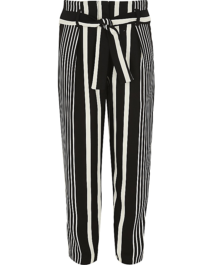 Girls black stripe tie waist tapered trousers
