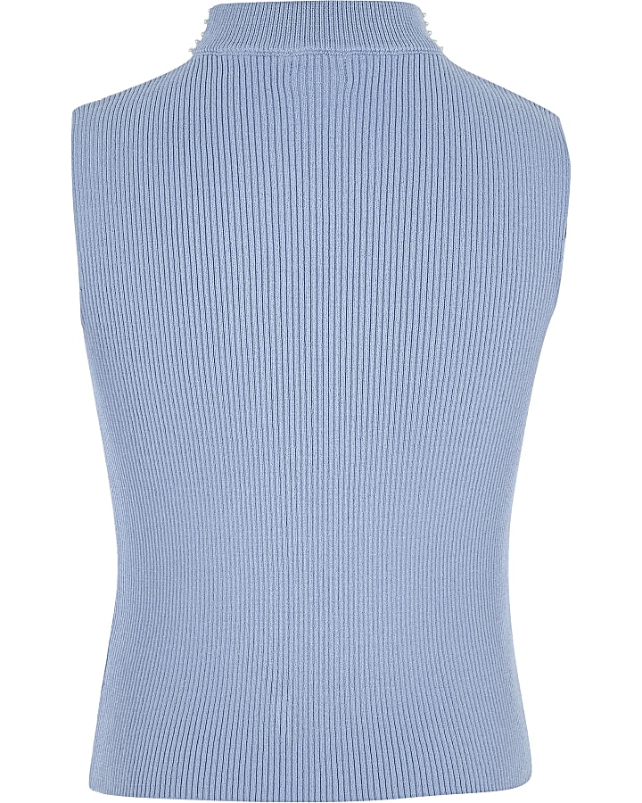 Girls blue rib knit embellished choker top