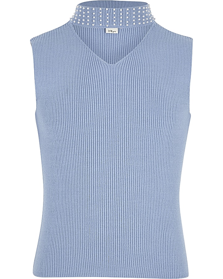 Girls blue rib knit embellished choker top