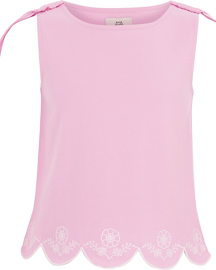 Girls light pink broidery scallop tank top