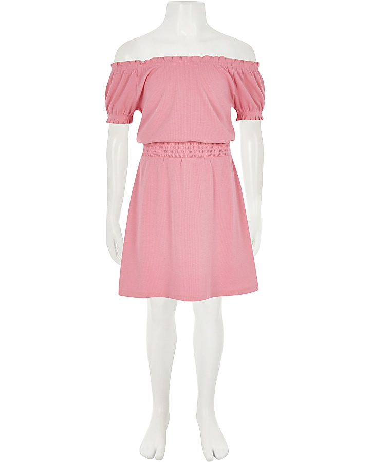 Girls pink shirred bardot dress
