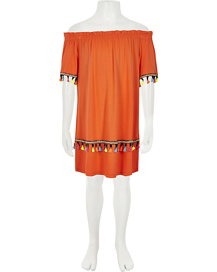Girls orange tassel trim bardot dress