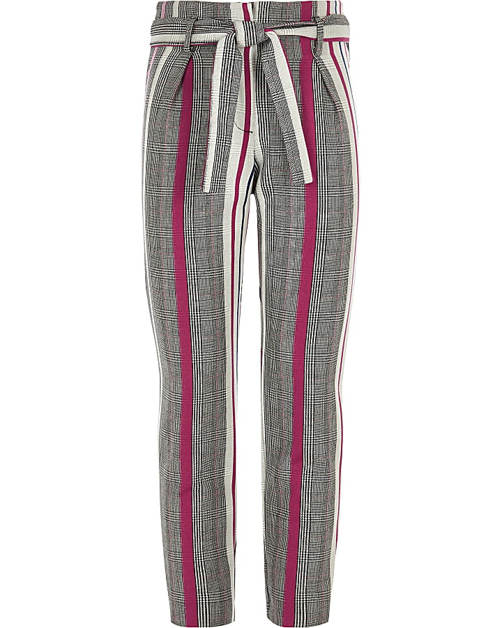 Girls grey and pink check tapered trousers