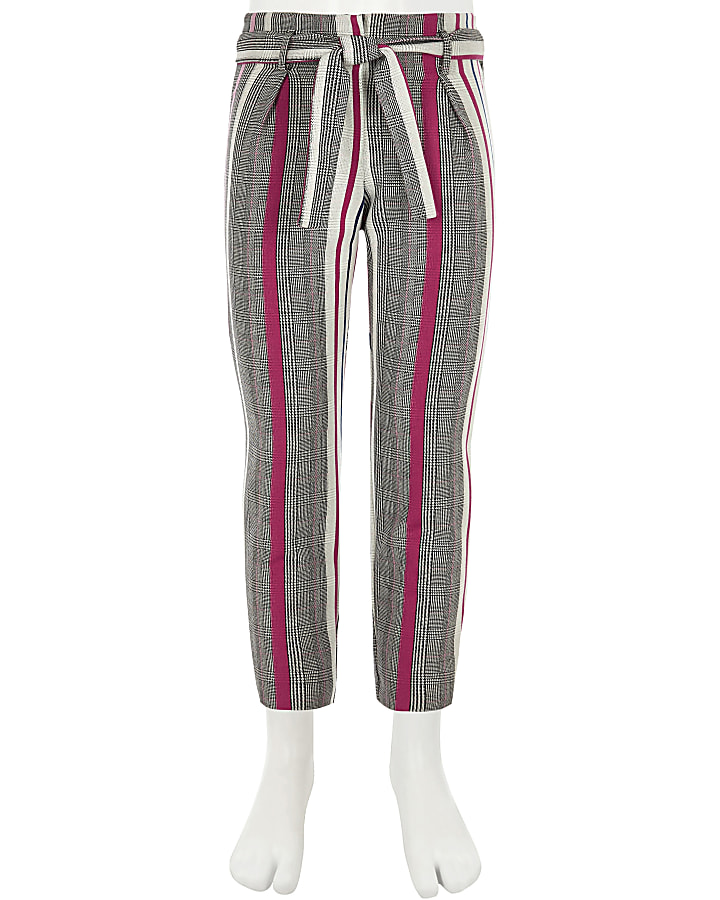 Girls grey and pink check tapered trousers