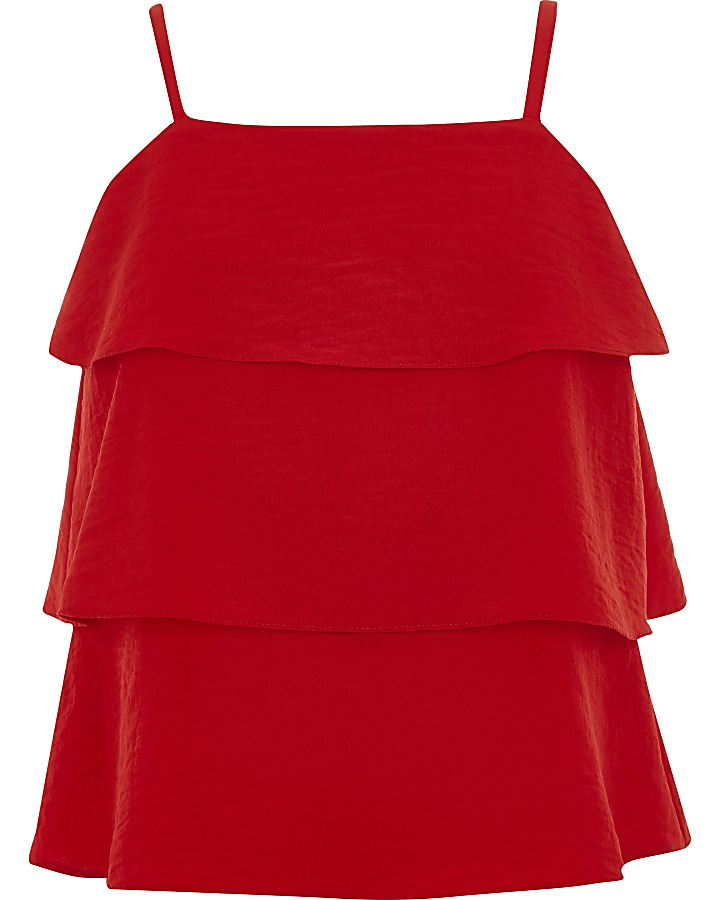 Girls red tiered frill cami top