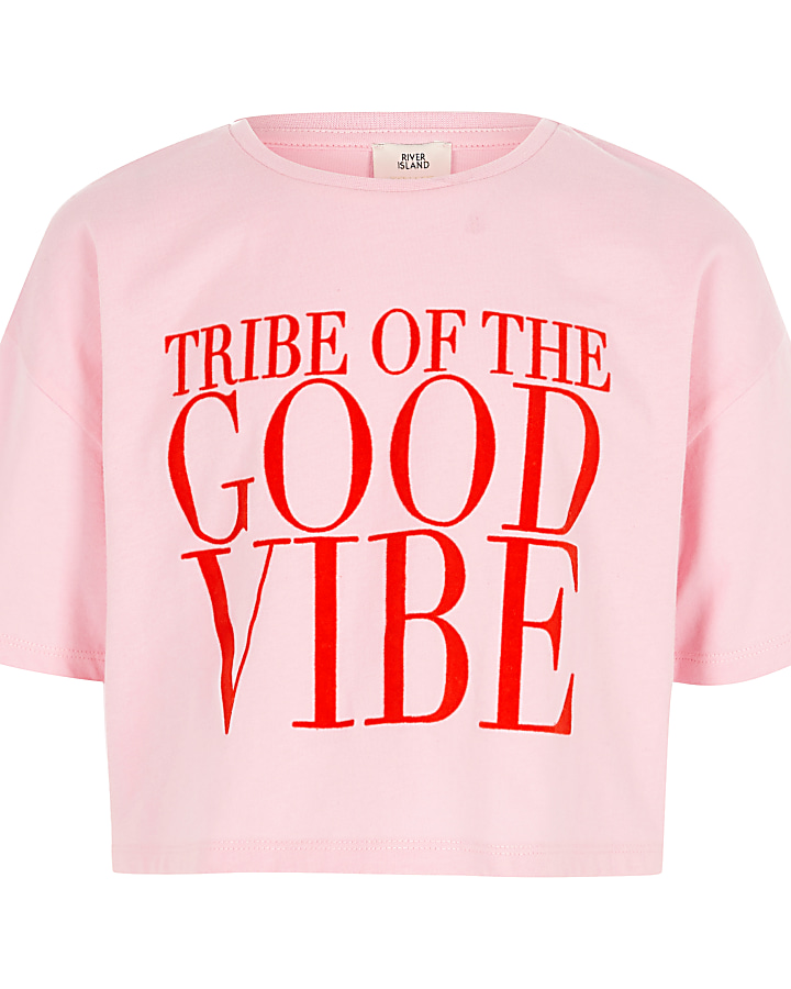 Girls pink ‘good vibe’ print cropped T-shirt