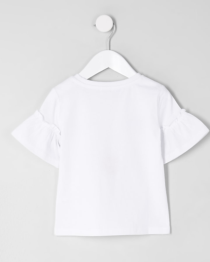 Mini girls white face print frill T-shirt