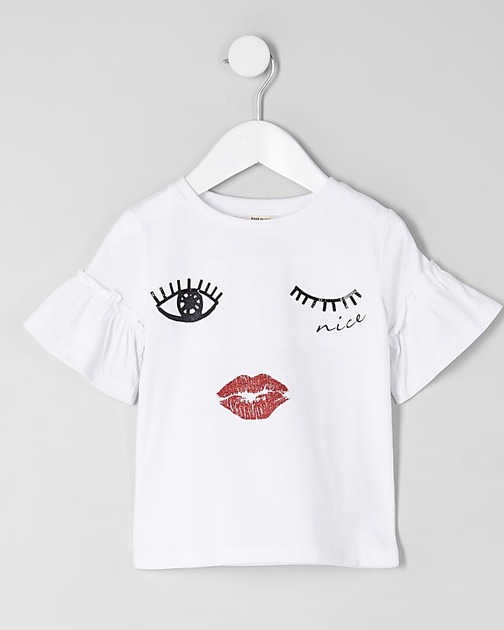 Mini girls white face print frill T-shirt