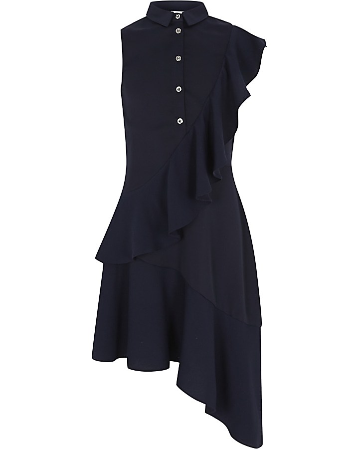 Girls navy asymmetric frill shirt dress