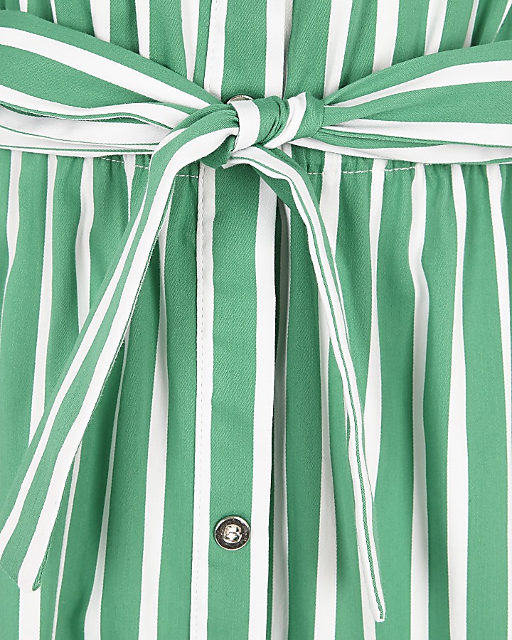 Girls green stripe belted bardot dress